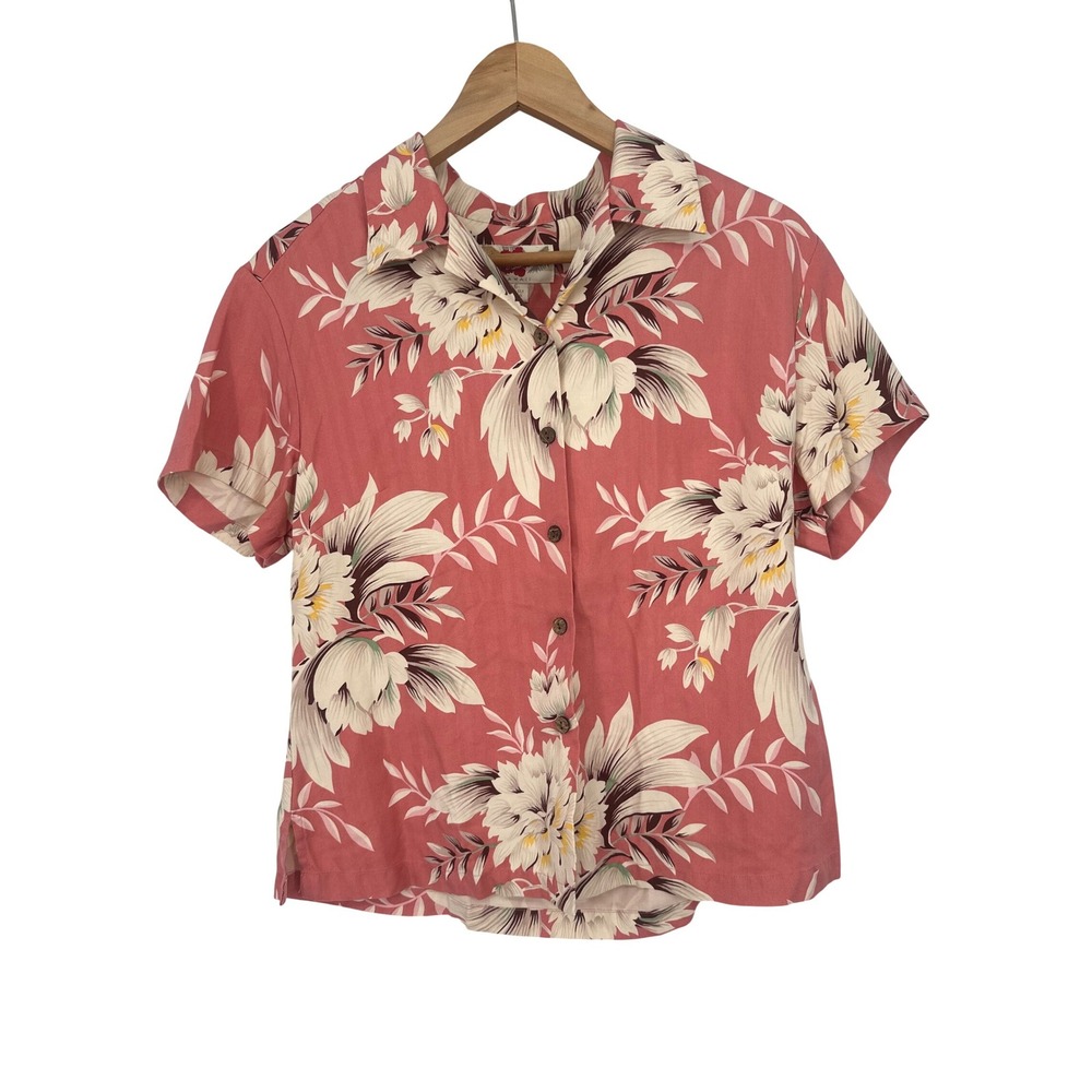Vtg Hilo Hattie Button Up Shirt Women 6 Pink Floral Silk Hawaiian Tropical Aloha